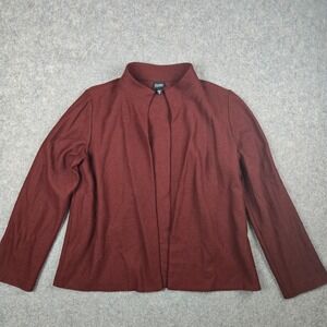 Eileen Fisher Cardigan Sweater Womens M Burgundy Open Front 100% Wool Layering
